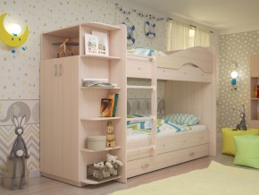 Кровать 2-х ярусная Мая с ящиками и шкафом на латофлексах млечный дуб в Лысьве - lysva.magazinmebel.ru | фото