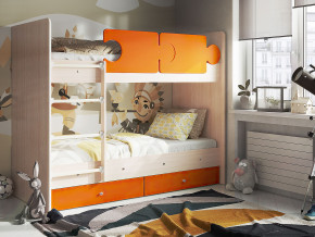 Кровать двухъярусная Тетрис латы с бортиками дуб млечный-оранжевый в Лысьве - lysva.magazinmebel.ru | фото